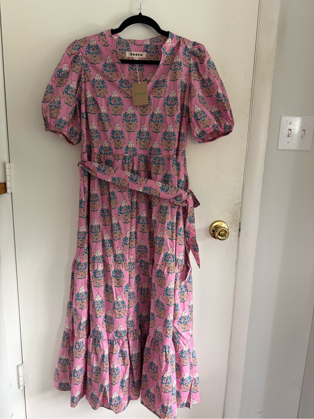 Boden Pink Floral Midi Dress with Puff Sleeves and Tie